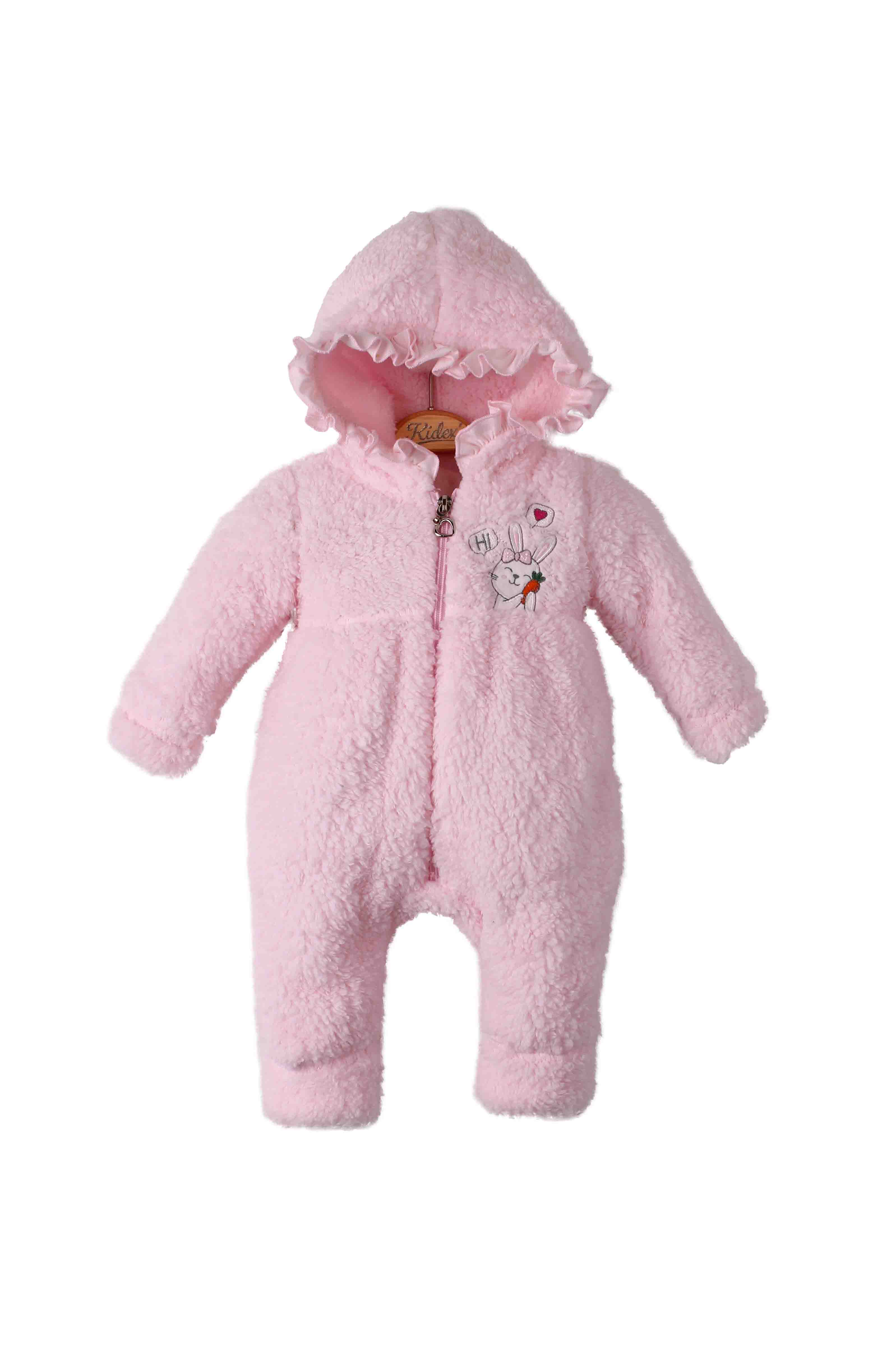 Kız Bebek Tavşan Nakışlı Fırfırlı Kapüşonlu Fermuarlı Peluş Tulum 3 12 Ay